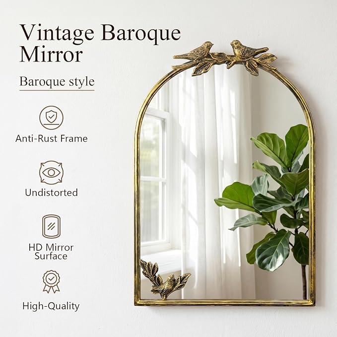 Antique Baroque Vintage Vanity Mirror 22x15Inch, Gold with Ornate Antique Frame, Arched Vintage Wall Mirror for Living Room, Fireplace, Entryway