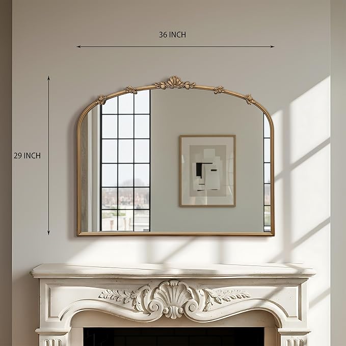 Besdomus Vintage Gold Arched Mirror: 36"x29" Traditional Ornate Antique Mirror - French Baroque Decorative for Wall/Mantel/Bedroom/Entryway/Bathroom/Hallway - Home Decor for Fashion-Conscious