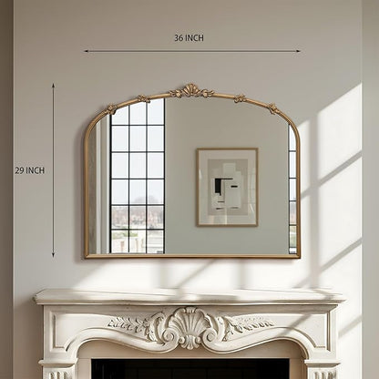 Besdomus Vintage Gold Arched Mirror: 36"x29" Traditional Ornate Antique Mirror - French Baroque Decorative for Wall/Mantel/Bedroom/Entryway/Bathroom/Hallway - Home Decor for Fashion-Conscious