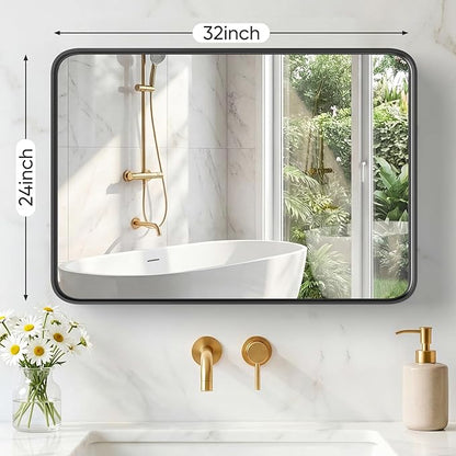 OLIXIS Bathroom Mirror for Over Sink, 24x32 Inch Wall Rounded Rectangle Mirror with Matte Metal Framed, Modern Wall Mount Vanity Mirror for Home Decor, Living Room, Bedroom, Black