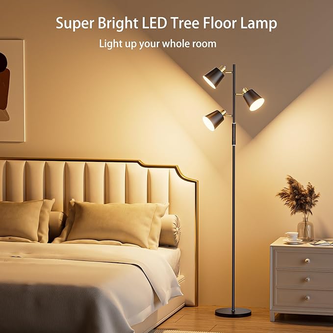 Upgraded RGB Tree Floor Lamp, 2500LM Super Bright Standing Lamp with 9 Dynamic Modes, 10 Color Temperatures, LED Floor Lamp with 3 Rotatable Lights, Modern Floor Lamps for Living Room Gaming Room