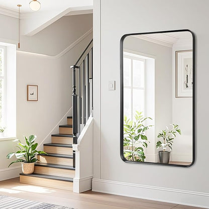 Blck Bathroom Mirror for Over Sink - 20x40 Inch Metal Framed Round Corner Bathroom Mirror for Wall, Matte Large Vanity Mirror for Restroom, Entryway, Hanging Vertically or Horizontally