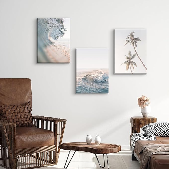 HDXUFJQ Beach Waves Canvas Wall Art Light Blue Palm Tree Picture Wall Decor Sea Wave Seawater Ocean Wave Art Prints Coastal Coconut Trees Neutral Blue Sea Seascape Wall Decor(16"x24")