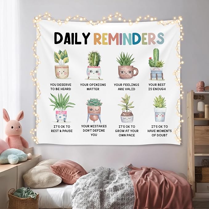 Daily Reminders Wall Tapestry, Cute Plant Mental Health Banner with Inspirational Quotes, Soft Flannel Tapestry Wall Hanging Decor for Bedroom Living Room,Kids Room Decoration 51x59 Inch (Colorful-Daily remingders)