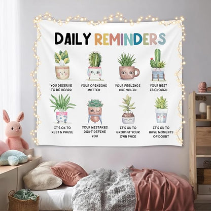 Daily Reminders Wall Tapestry, Cute Plant Mental Health Banner with Inspirational Quotes, Soft Flannel Tapestry Wall Hanging Decor for Bedroom Living Room,Kids Room Decoration 51x59 Inch (Colorful-Daily remingders)