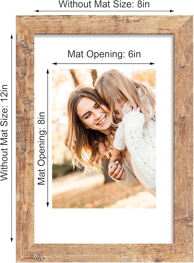 iRahmen 8x12 Picture Frame Set of 2, Rustic Brown Wood Frame with High Definition Glass, Display Pictures 6x8 with Mat or 8 x 12 without Mat for Horizontal or Vertical Tabletop and Wall Mounting