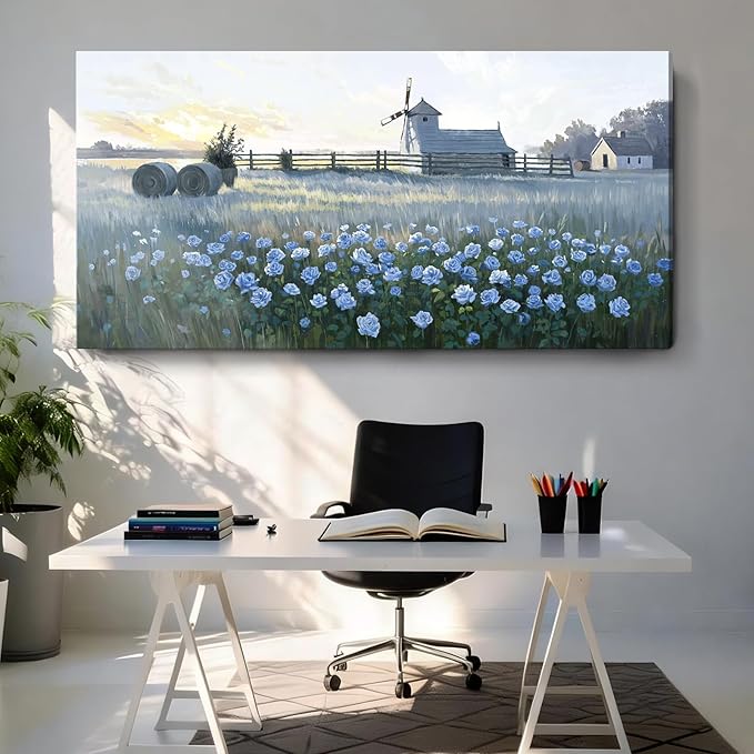 amatop Oversize Pastoral-Style Living Room Wall Art, Blue Farm Windmill Canvas Print Picture, Natural Plant And Flower Field Artwork For Bedrooms, Studies, Offices, And Dining Rooms. 58X29 Inches.