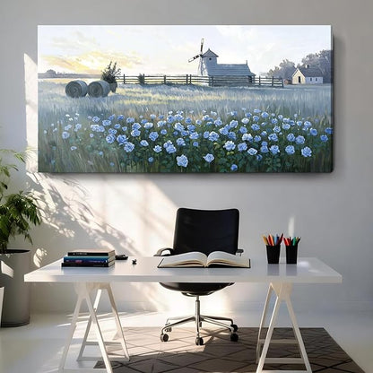 amatop Oversize Pastoral-Style Living Room Wall Art, Blue Farm Windmill Canvas Print Picture, Natural Plant And Flower Field Artwork For Bedrooms, Studies, Offices, And Dining Rooms. 58X29 Inches.