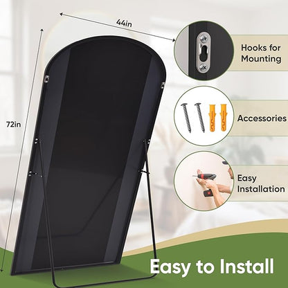 Full Length Mirror, 72"x44" Arched Full Body Mirror, Floor Mirrors with Stand, Body Mirrors Standing Hanging Leaning Against Wall,Aluminum Frame Mirrors for Bedroom Cloakroom,Living Room,Black