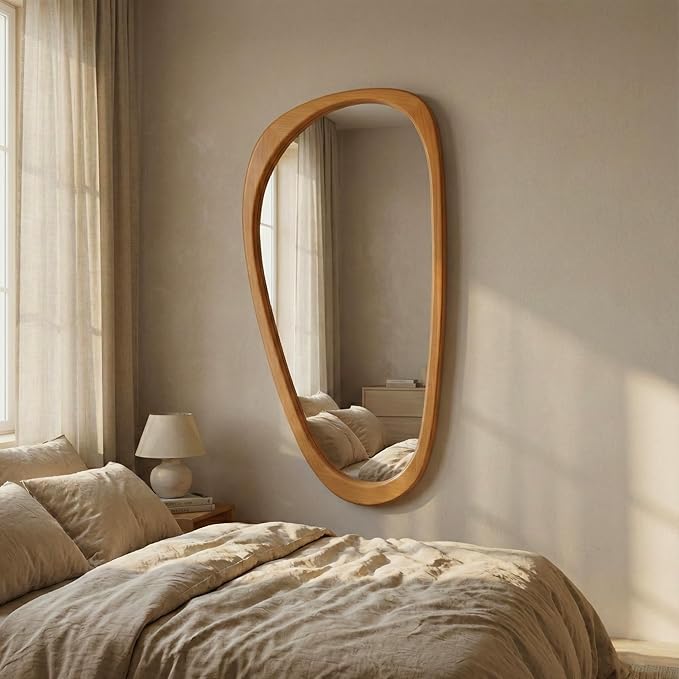 Solid Wood 48"x24" Large Aesthetic Wabi-Sabi Statement Mirror, Warm Walnut Full Length Irregular Mirror, Modern Organic Asymmetrical Wooden Wall-Mounted Mirror, Honey Walnut