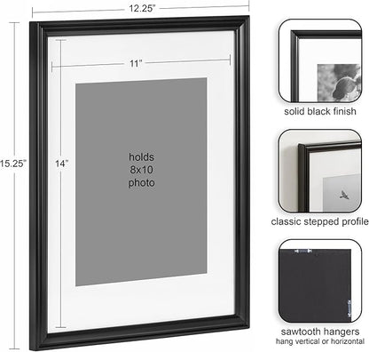 Kate and Laurel Adlynn Rectangle Picture Frame Set of 4; 11 x 14 matted to 8 x 10; Black; Modern Glam Four-Piece Frame Set for Gallery Wall Frame Set in Living Room Wall Decor