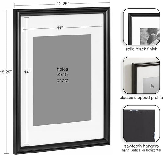 Kate and Laurel Adlynn Rectangle Picture Frame Set of 4; 11 x 14 matted to 8 x 10; Black; Modern Glam Four-Piece Frame Set for Gallery Wall Frame Set in Living Room Wall Decor