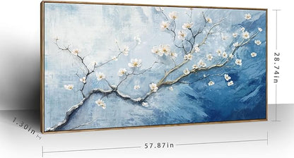 Extra Large Framed Floral Wall Art - 58x29 Inch Blue and White Plum Blossom Canvas Print with Wooden Frame - Elegant Botanical Decor for Bedroom & Living Room