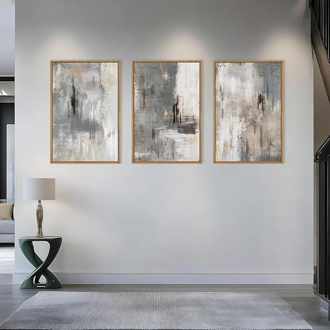 Aryroi Large Abstract Neutral Gray Beige Framed Canvas Wall Art,Modern Minimalist Earth Tone Brushstroke Wall Decor,Vintage Rustic Color Block Artwork for Living Room,Bedroom,Farmhouse- 24"x36"x3
