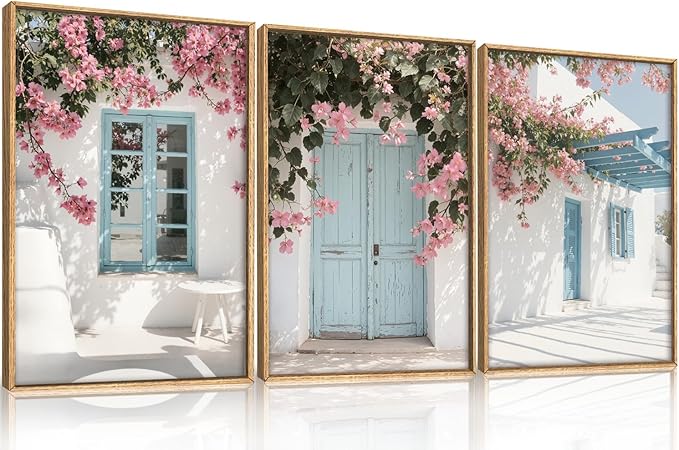HOURIA Spring Modern Greek Island Cityscape Framed Canvas Wall Art Set,European White House Blue Door Shutter Landscape Wall Decor,Santorini Natural Pink Flower Artwork for Living Room, Bedroom-16"x24"x3