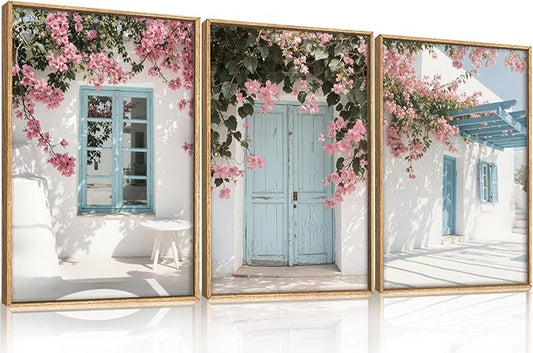 HOURIA Spring Modern Greek Island Cityscape Framed Canvas Wall Art Set,European White House Blue Door Shutter Landscape Wall Decor,Santorini Natural Pink Flower Artwork for Living Room, Bedroom-16"x24"x3