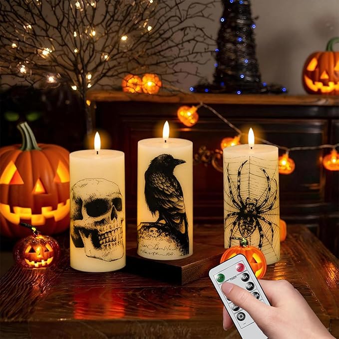 Halloween Flameless Candles Battery Operated with Remote and Timer, Real Wax 3D Wick LED Flickering Pillar Candles Skull Crow Spider Web Decals Dinner Halloween Decor(3 Pack, 3" D x 6" H)