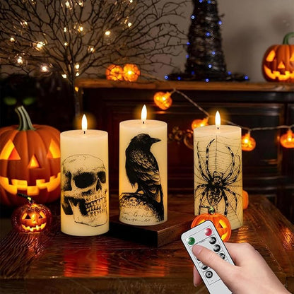 Halloween Flameless Candles Battery Operated with Remote and Timer, Real Wax 3D Wick LED Flickering Pillar Candles Skull Crow Spider Web Decals Dinner Halloween Decor(3 Pack, 3" D x 6" H)
