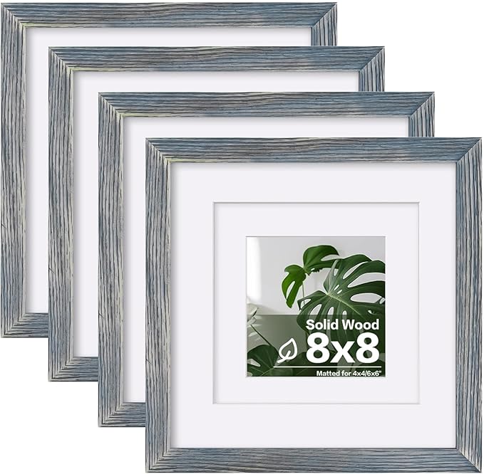 Egofine 8x8 Picture Frame Made of Solid Wood with Plexiglass, Display Pictures 4x4/6x6 with Mat or 8x8 Without Mat Set of 4 for Tabletop and Wall Mounting, Rustic Blue