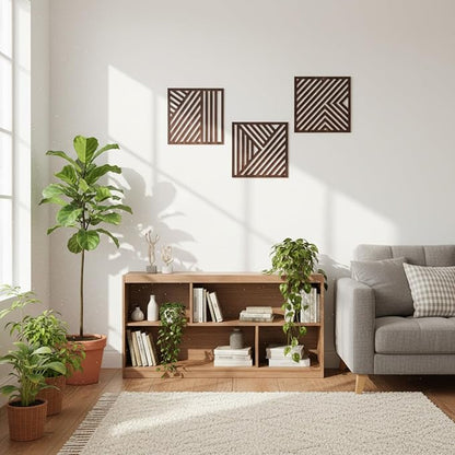 Yerliker 16×16 Inch Boho Wooden Wall Sculptures Geometric Abstract Wood Wall Art Decor Set of 3 Slatted Wood Design for Living Room Bedroom Office Rustic Home Decoration