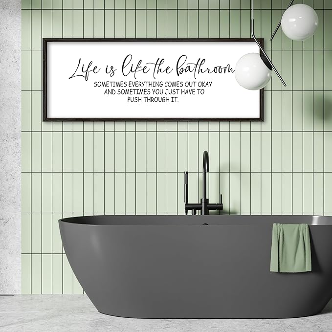 Life Is Like The Bathroom Sign Funny Motivational Quote Wall Decor 32"×12" Large Wood Framed for Bathroom Restroom Wall Hanging Art (Black)