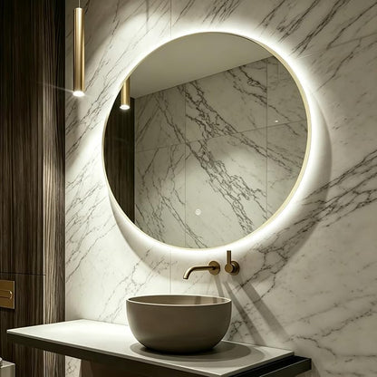 36" Round LED Bathroom Mirror, Wall Mounted Round Backlit Mirror LED Bathroom Vanity Mirror with Light Fog Free Circle Lighted Mirror with Shiny Gold Frame, Smart Light up Mirror 3-Color