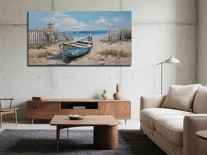 Ardemy Boat Canvas Wall Art Nautical Art Wall Decor for Living Room, Blue Teal Bedroom Picture Textured Beach Painting Framed Artwork Dining Room Home Office Kitchen, Large 40"x20"