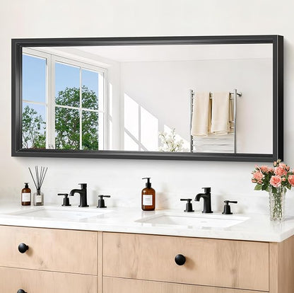 Large Bathroom Mirror, 60 x 28 Inch Rectangular Wall Mirror 0.6" Thickened Deep Frame, Brushed Black Mirrors for Bathroom Sink, Shatterproof Tempered Glass, Antirust, Horizontally or Vertically