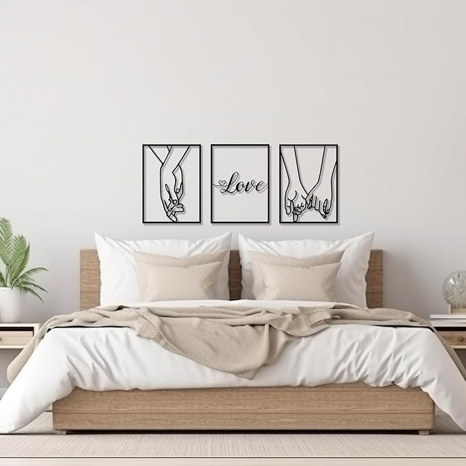 EDCIJB 3 Pcs Love Hands Minimalist Black Metal Wall Art Valentines Day Wall Decor Abstract Love Heart Black Couple Wall Art Decor for Bedroom Living Room