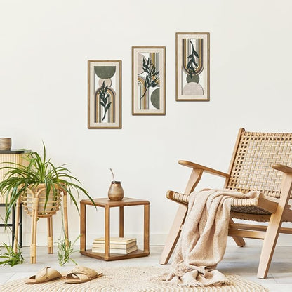 HPNIUB 3 PCS Minimalist Sage Green Wall Decor, Boho Geometric Line Hanging Wood Sign for Living Room, 8x16Inch Modern Bohemian Botanical Leaf Wooden Plaque for Apartment Bedroom Office Decoration