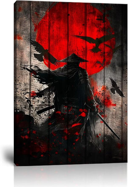 Japanese Samurai Retro Black and Red Atmosphere Asian Samurai Armor Red Moon Poster Canvas Wall Art Prints Bushido Poster Modern Home Decor Framed for Bedroom Living Room Office (12''W x 16''H)
