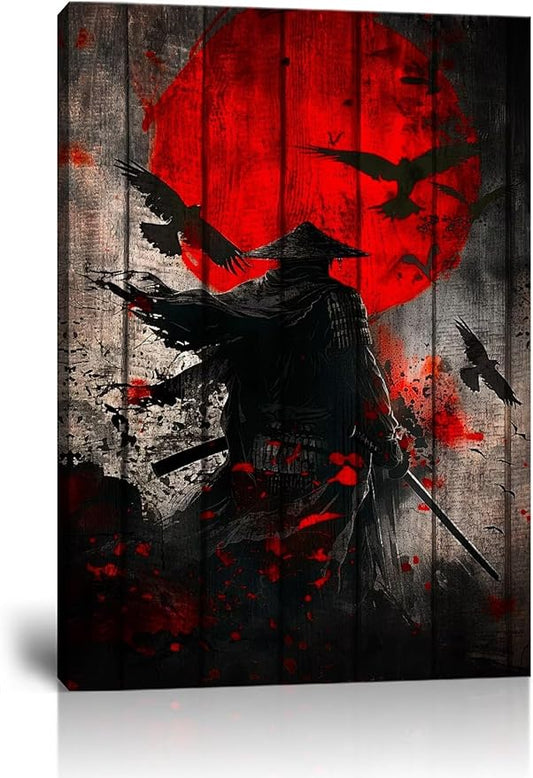 Japanese Samurai Retro Black and Red Atmosphere Asian Samurai Armor Red Moon Poster Canvas Wall Art Prints Bushido Poster Modern Home Decor Framed for Bedroom Living Room Office (28''W x 44''H)