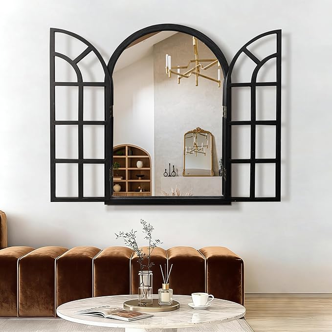 TRAHOME Arched Windowpane Mirror, 28"x40" Black Wood Frame Rustic Farmhouse Wall Mirror, Vintage Decorative Window Mirror for Living Room, Entryway, Bathroom