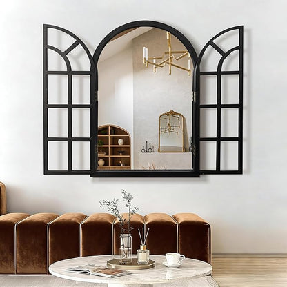 TRAHOME Arched Windowpane Mirror, 28"x40" Black Wood Frame Rustic Farmhouse Wall Mirror, Vintage Decorative Window Mirror for Living Room, Entryway, Bathroom