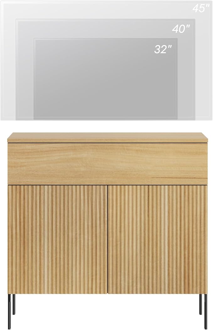 WAMPAT Fluted TV Stand TVs up to 35", 31.5" W Modern TV Entertainment Center with Storage Cabinets and 1 Drawers & 2 Doors, Wood Media TV Console Table with Storage for Living Room, Oak