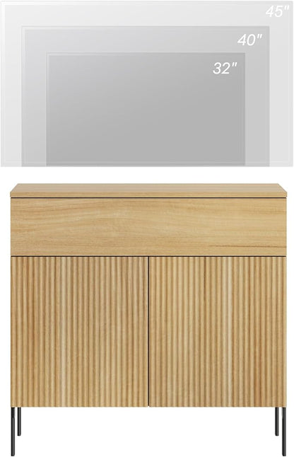 WAMPAT Fluted TV Stand TVs up to 35", 31.5" W Modern TV Entertainment Center with Storage Cabinets and 1 Drawers & 2 Doors, Wood Media TV Console Table with Storage for Living Room, Oak