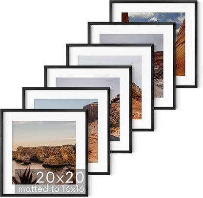 HAUS AND HUES 20x20 Black Metal Picture Frames Matted to 16x16 - Features Premium Aluminum & Hanging Hardware, Shatterproof Plexiglass - Ideal for Home, Room, Office (20x20 in, Black, Set of 6)