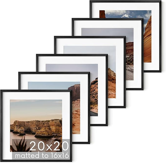 HAUS AND HUES 20x20 Black Metal Picture Frames Matted to 16x16 - Features Premium Aluminum & Hanging Hardware, Shatterproof Plexiglass - Ideal for Home, Room, Office (20x20 in, Black, Set of 6)