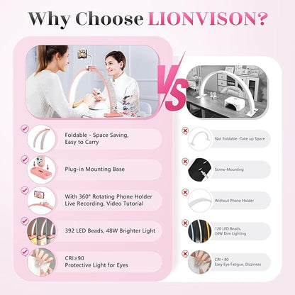 LIONVISON Half Moon Light for Nail Tech: 31 inch Lash LED Lamp with Phone Holder - 48W Foldable Arch Lights for Eyelash Tech - Manicure Handicraft Lighting for Spa,Salon