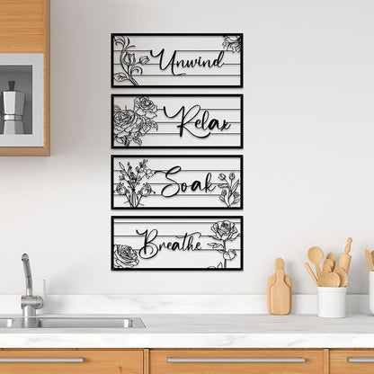 ShxTrade 4 Pieces Black Metal Bathroom Wall Decor - Unwind Relax Soak Breathe Wall Art with Floral Silhouette, Modern Minimalist Line Art Signs for Bathroom, Spa, Rustic Farmhouse Wall Decorations