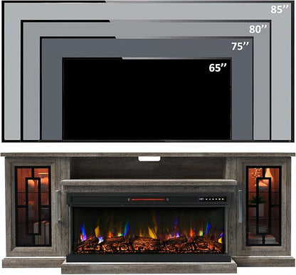 75 Inch Electric Fireplace TV Stand, 3- Side Glass LED Modern Media Entertainment Center Console Table for TVs up to 80/85 Inch w/Adjustable Flame, 40’’ Fireplace, Highboy, Gray Wash