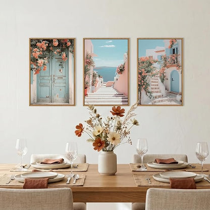 KAIRNE Italy Amalfi Coast Cityscape Framed Canvas Wall Art Set,Neutral Italian Mediterranean Wall Decor,Greece Island Landscape Wall Painting,Florida Beach Artwork for Living Room,Bedroom-24 x36 x3