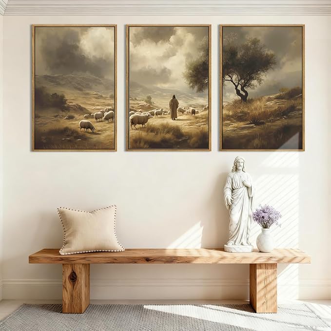 HPNIUB Neutral Jesus Leaves the 99 Sheep Framed Wall Art Set,Easter Lost Lamb Christian Religious Wall Decor, Vintage Inspiring Good Shepherd Artwork for Church Room Christian Faith Gift-24''x36''x3