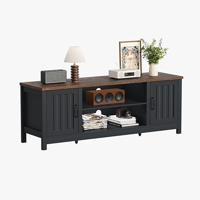 ChooChoo 54" Farmhouse TV Stand for TVs up to 65 inches, Entertainment Center with Storage Cabinets, Open Shelves and Fluted Door, TV Console Table for Living Room, Bedroom, Black