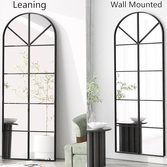 56×22" Arched Window Finished Full Length Mirror, Wall Mirror with Metal Frame, Home Decor Windowpane Mirror, Wall Mounted or Leaning, No Stand - Black
