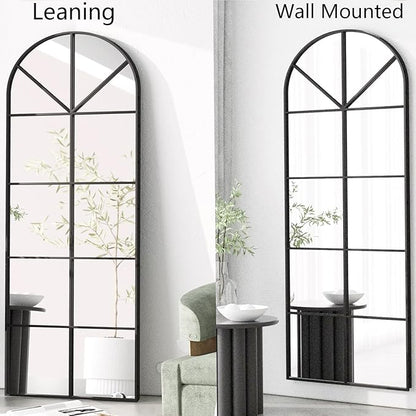 56×22" Arched Window Finished Full Length Mirror, Wall Mirror with Metal Frame, Home Decor Windowpane Mirror, Wall Mounted or Leaning, No Stand - Black