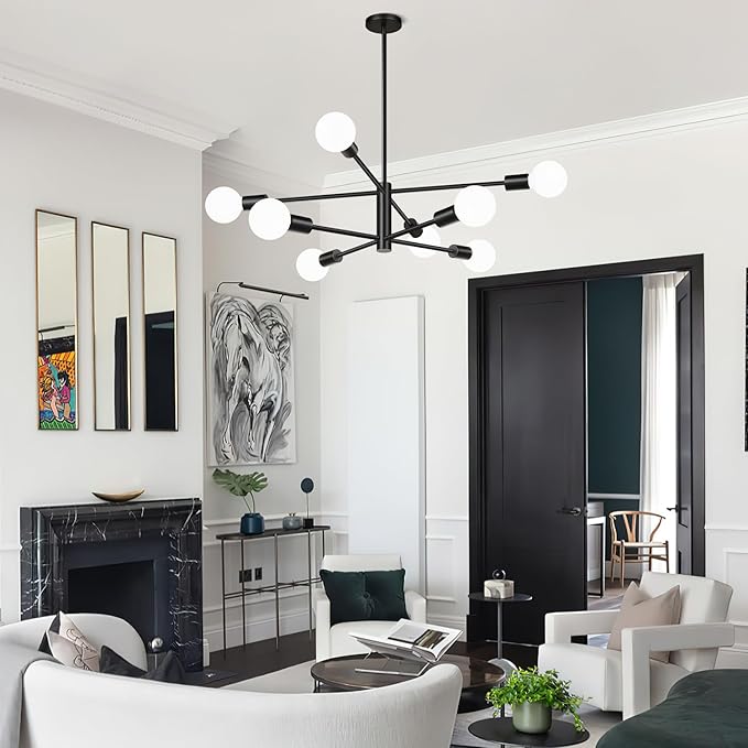 10.9"-52.3" Height Adjustable Sputnik Chandeliers Dining Room Light Fixture (8-Light, 30-Inch), Modern Black Chandelier, Mid Century Modern Chandeliers for Dining Room Kitchen (Bulbs Not Included)