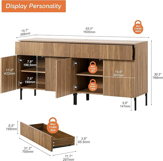WAMPAT Fluted TV Stand TVs up to 70 inch, 63" W Modern TV Entertainment Center with Storage Cabinets and 2 Drawers & 4 Doors, Wood Media TV Console Table with Storage for Living Room, Light Walnut