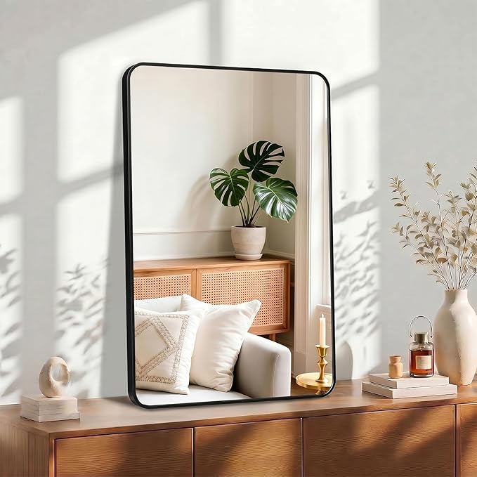 OLIXIS Bathroom Mirror for Over Sink, 36x24 Inch Wall Mount Mirror with Rounded Rectangle and Matte Metal Framed, Modern Wall Vanity Mirror for Home Decor, Living Room, Bedroom, Black