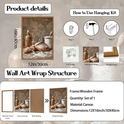Framed Vintage Kitchen Wall Art, Rustic Bread and Flour Pictures Wall Decor Paintings, Farmhouse Food Poster Canvas Prints Country Home Decor for Dining Room Living Room Bakery 12x16 inch